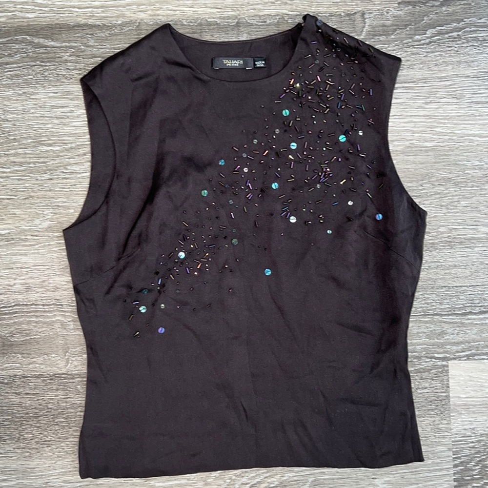 Tahari Blouse Top Brown Sequin Beads 2 Sleeveless